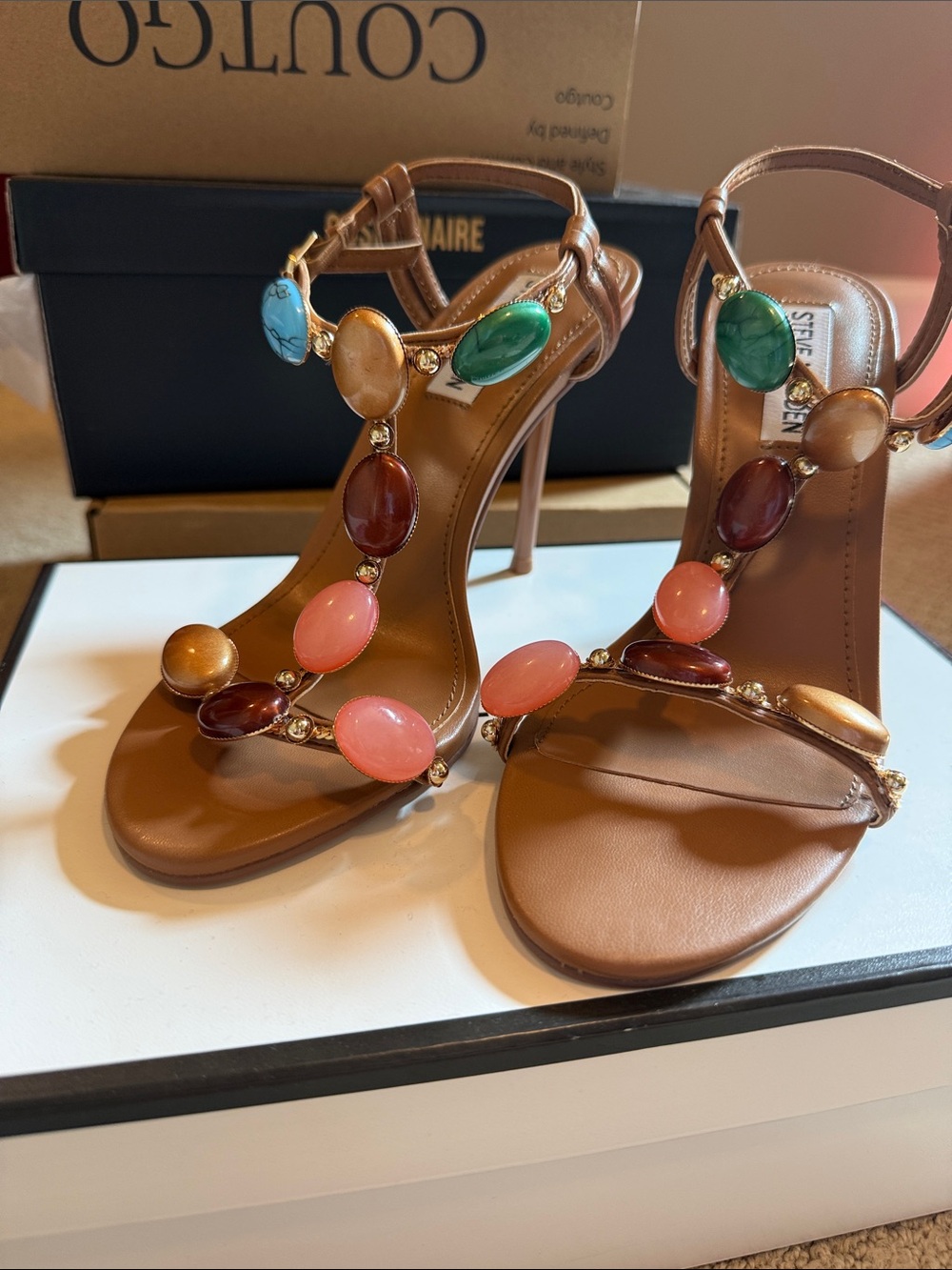 Steve Madden Brown Leather Jeweled T-Strap High Heels